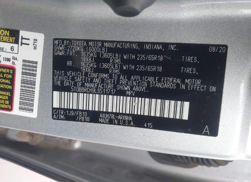 Photo 9 of 2020 Toyota Highlander HYBRID LE (VIN 5TDBBRCH9LS511717)