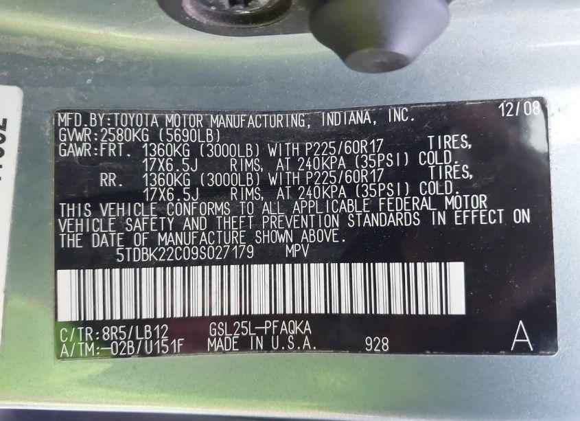 Photo 9 of 2009 Toyota Sienna LIMITED (VIN 5TDBK22C09S027179)