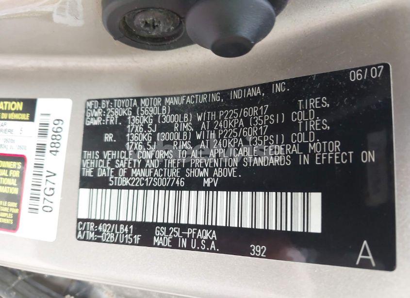 Photo 9 of 2007 Toyota Sienna XLE (VIN 5TDBK22C17S007746)