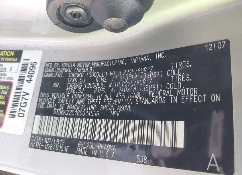 Photo 9 of 2008 Toyota Sienna LIMITED (VIN 5TDBK22C18S014536)