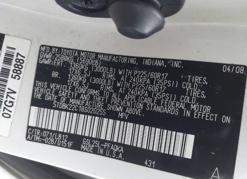 Photo 9 of 2008 Toyota Sienna LIMITED (VIN 5TDBK22C18S020255)