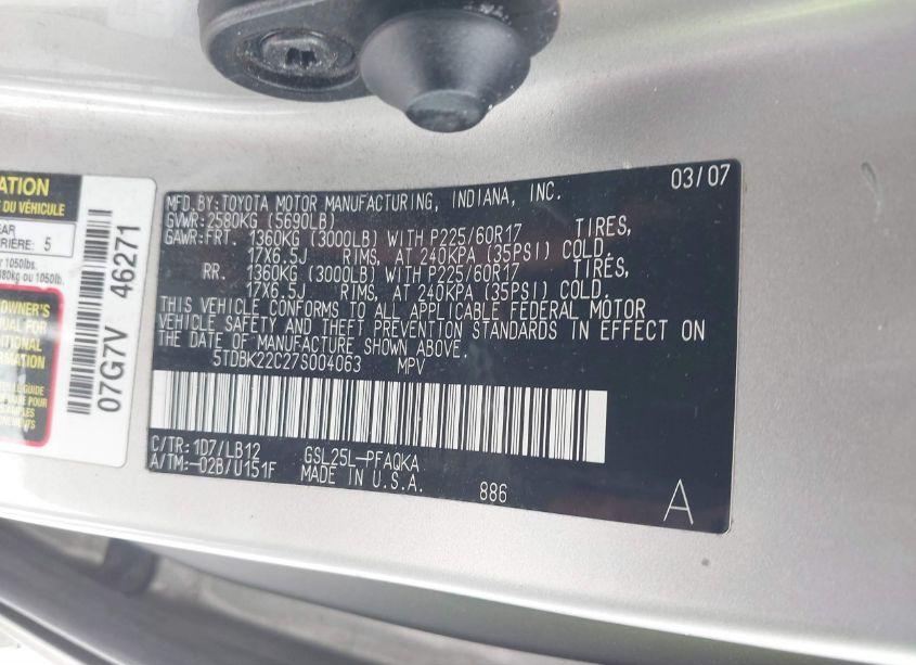 Photo 9 of 2007 Toyota Sienna XLE LIMITED (VIN 5TDBK22C27S004063)