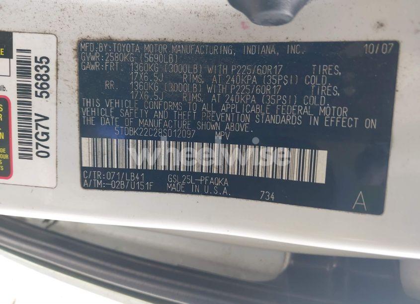 Photo 9 of 2008 Toyota Sienna LIMITED (VIN 5TDBK22C28S012097)