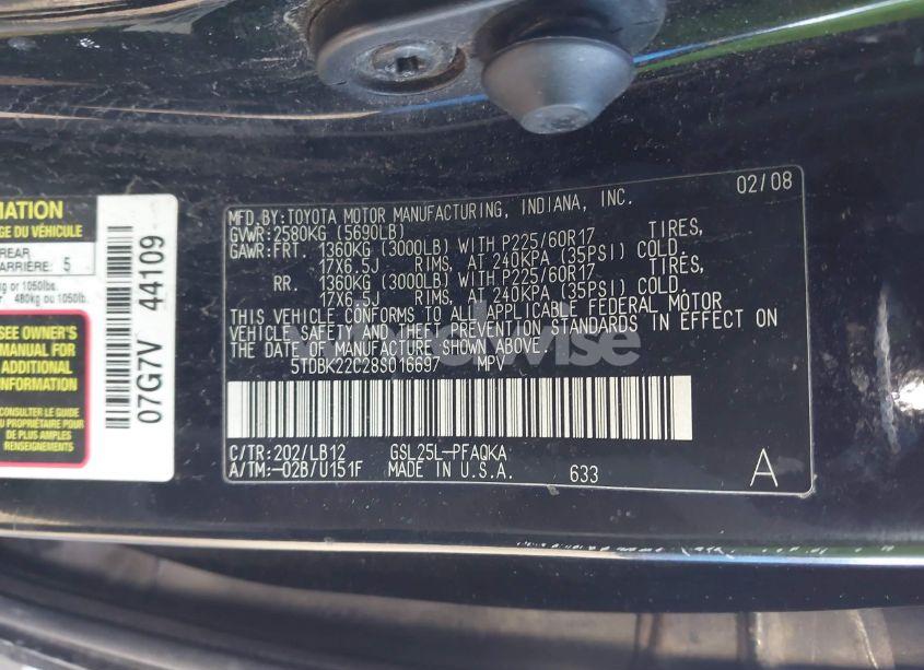 Photo 9 of 2008 Toyota Sienna LIMITED (VIN 5TDBK22C28S016697)