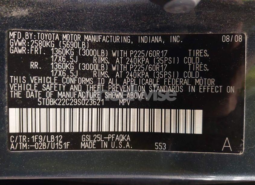 Photo 9 of 2009 Toyota Sienna XLE (VIN 5TDBK22C29S023621)