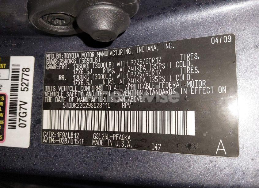 Photo 9 of 2009 Toyota Sienna XLE (VIN 5TDBK22C29S028110)