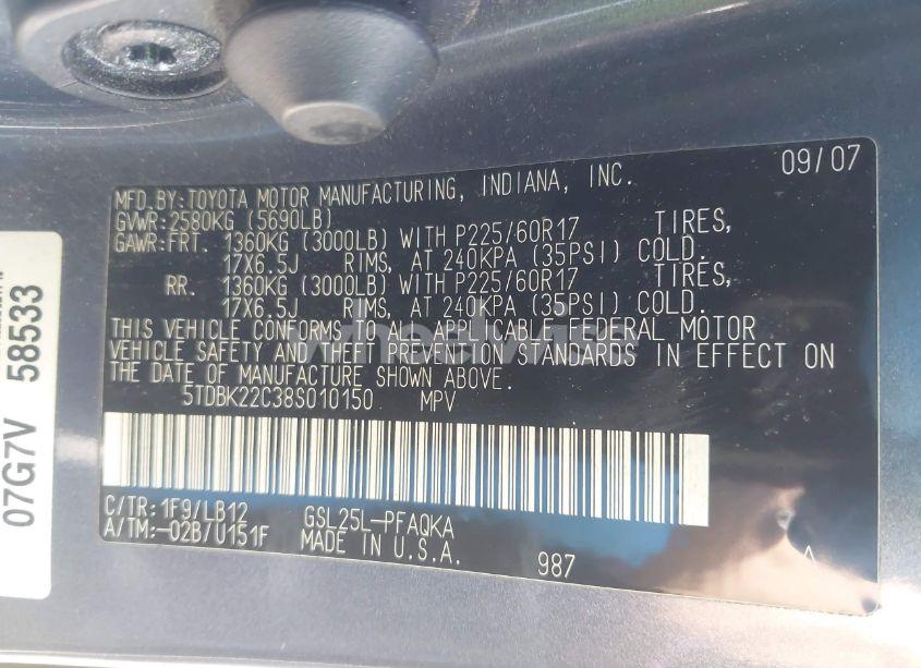 Photo 9 of 2008 Toyota Sienna XLE (VIN 5TDBK22C38S010150)