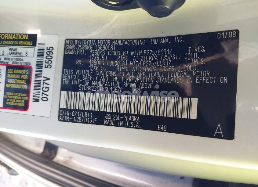 Photo 9 of 2008 Toyota Sienna LIMITED (VIN 5TDBK22C48S015678)