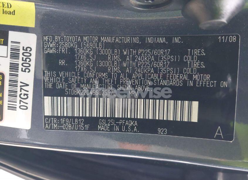 Photo 9 of 2009 Toyota Sienna LIMITED (VIN 5TDBK22C49S025970)