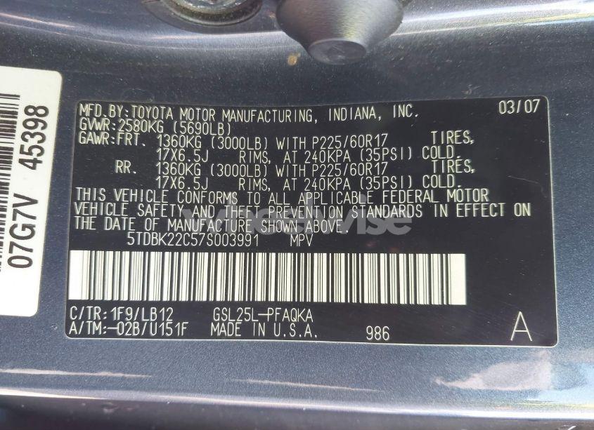 Photo 9 of 2007 Toyota Sienna XLE LIMITED (VIN 5TDBK22C57S003991)