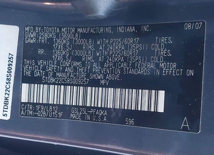 Photo 9 of 2008 Toyota Sienna LIMITED (VIN 5TDBK22C58S009257)