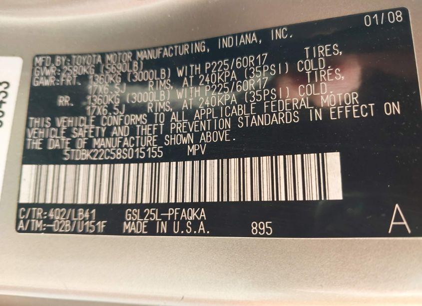 Photo 9 of 2008 Toyota Sienna LIMITED (VIN 5TDBK22C58S015155)