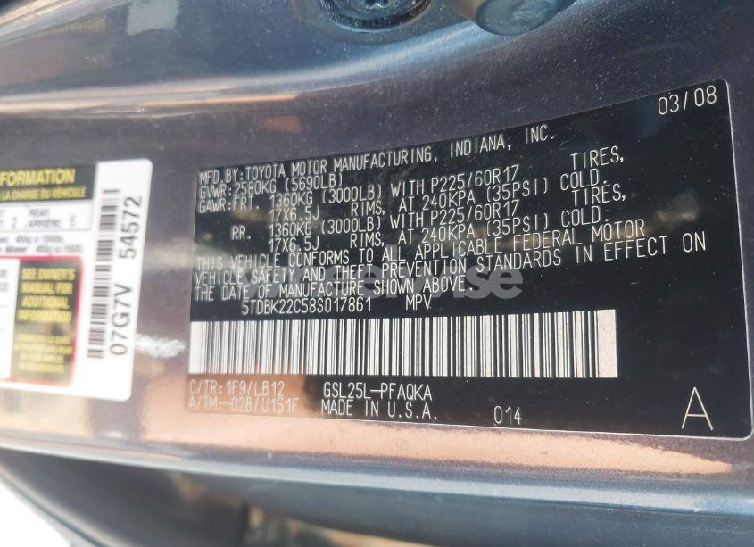 Photo 9 of 2008 Toyota Sienna LIMITED (VIN 5TDBK22C58S017861)