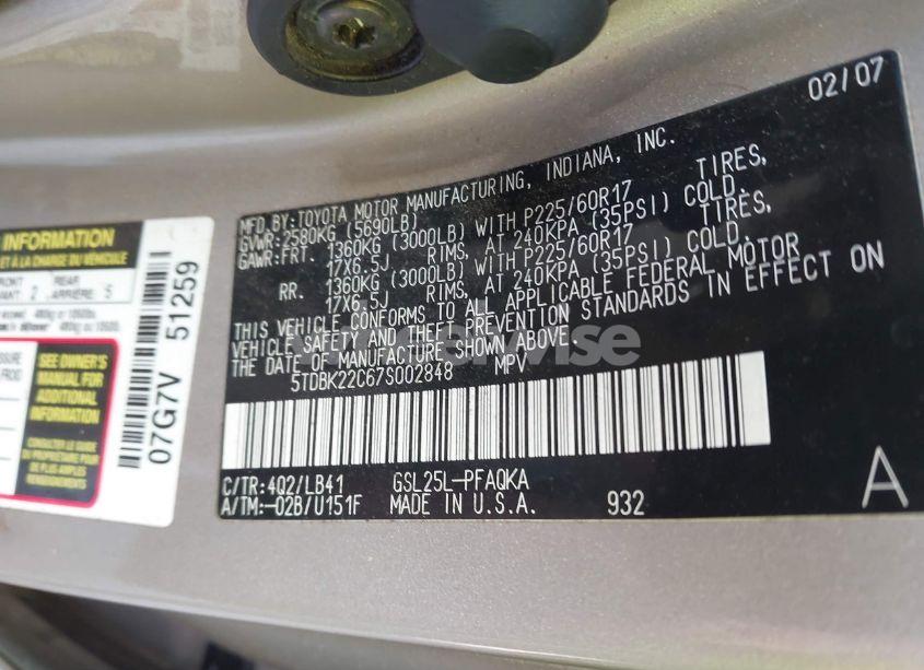 Photo 9 of 2007 Toyota Sienna XLE (VIN 5TDBK22C67S002848)