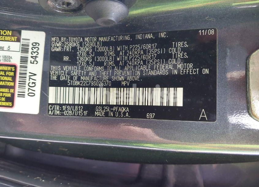 Photo 9 of 2009 Toyota Sienna XLE (VIN 5TDBK22C79S026370)