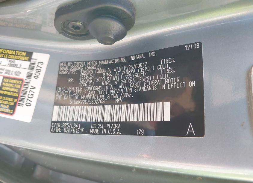 Photo 9 of 2009 Toyota Sienna XLE (VIN 5TDBK22C79S027096)