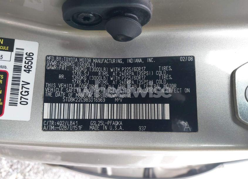 Photo 9 of 2008 Toyota Sienna LIMITED (VIN 5TDBK22C98S016969)