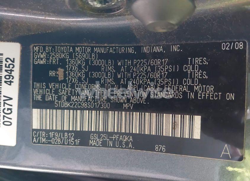 Photo 9 of 2008 Toyota Sienna XLE (VIN 5TDBK22C98S017300)