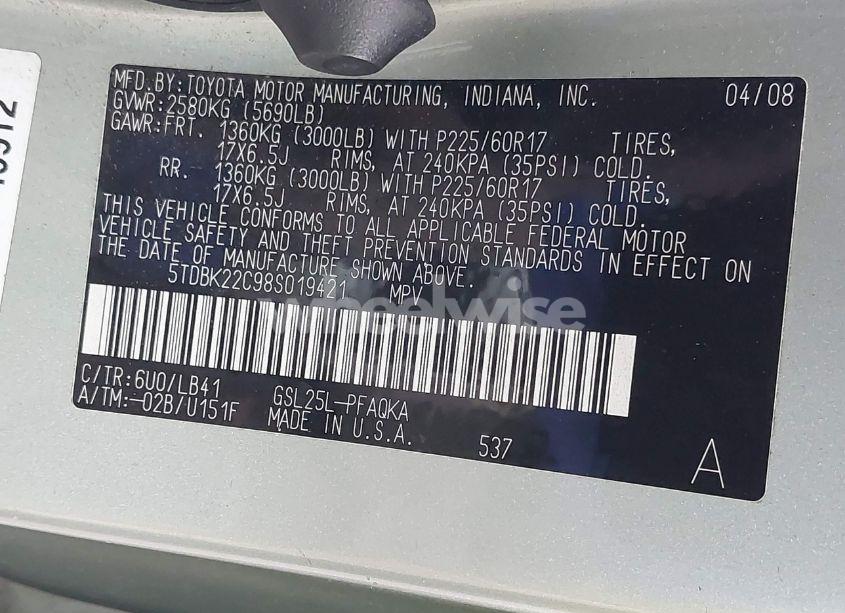 Photo 9 of 2008 Toyota Sienna LIMITED (VIN 5TDBK22C98S019421)