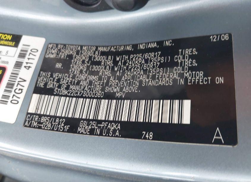 Photo 9 of 2007 Toyota Sienna XLE/XLE LIMITED (VIN 5TDBK22CX7S000360)