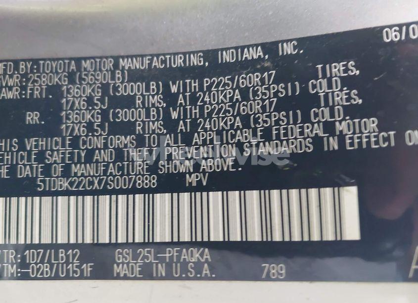 Photo 9 of 2007 Toyota Sienna XLE (VIN 5TDBK22CX7S007888)