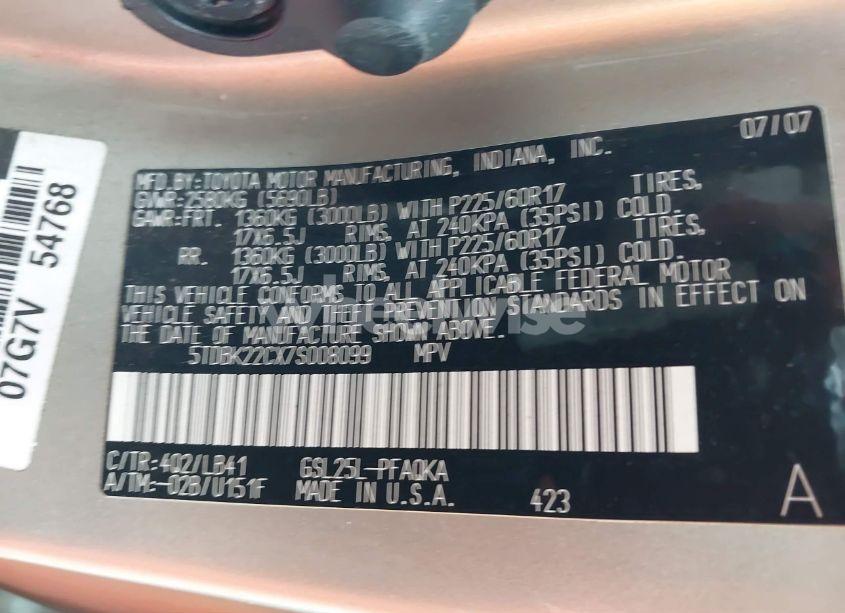 Photo 9 of 2007 Toyota Sienna XLE (VIN 5TDBK22CX7S008099)