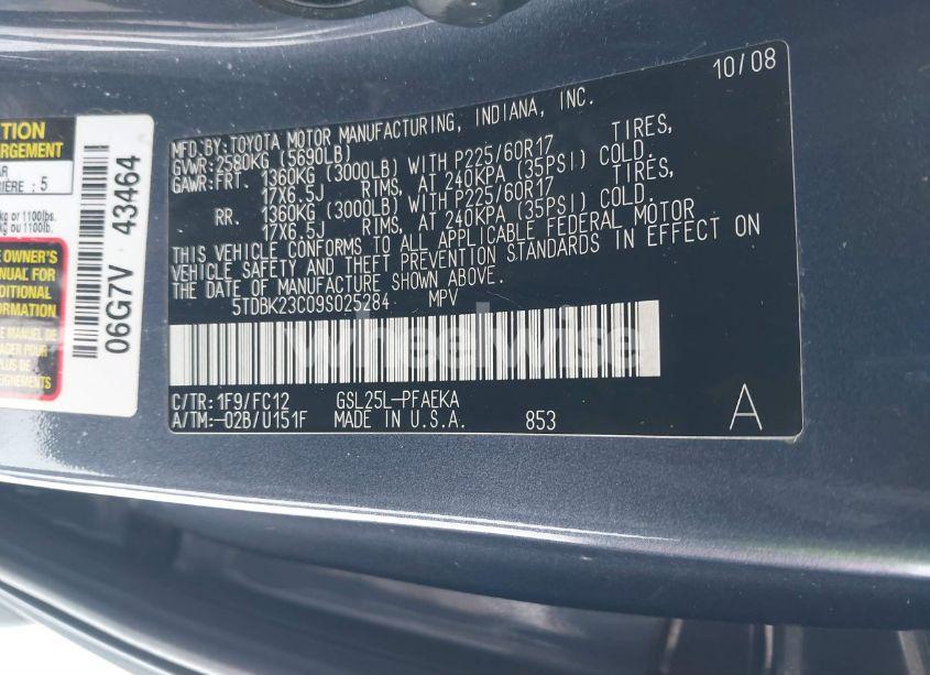 Photo 9 of 2009 Toyota Sienna LE (VIN 5TDBK23C09S025284)