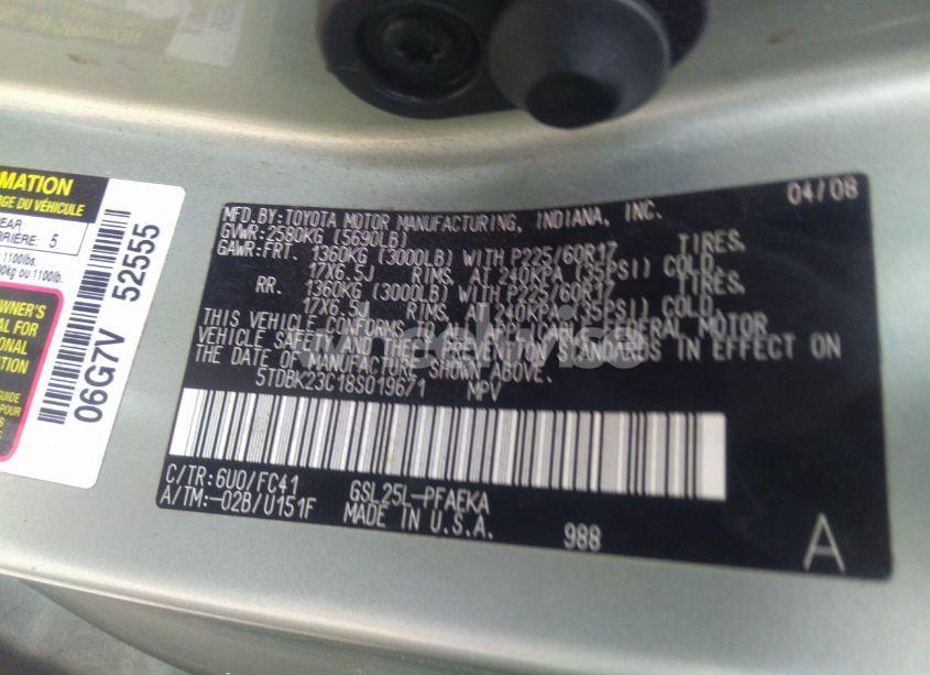 Photo 9 of 2008 Toyota Sienna LE (VIN 5TDBK23C18S019671)