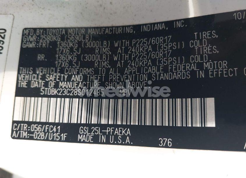 Photo 9 of 2008 Toyota Sienna LE (VIN 5TDBK23C28S012485)