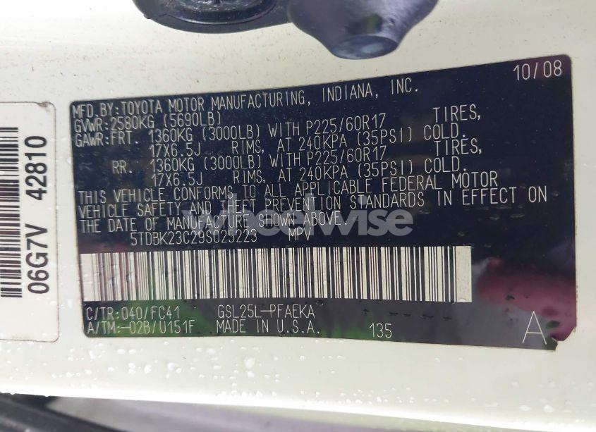 Photo 9 of 2009 Toyota Sienna LE (VIN 5TDBK23C29S025223)