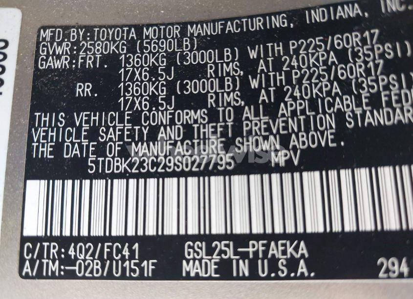 Photo 9 of 2009 Toyota Sienna LE (VIN 5TDBK23C29S027795)