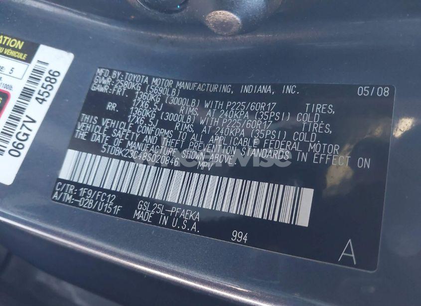 Photo 9 of 2008 Toyota Sienna LE (VIN 5TDBK23C48S020846)