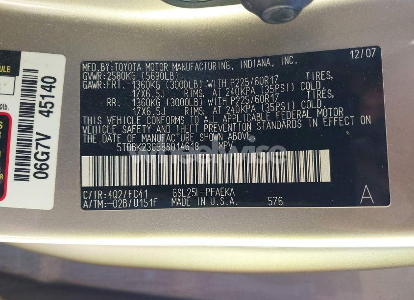 Photo 9 of 2008 Toyota Sienna LE (VIN 5TDBK23C58S014618)