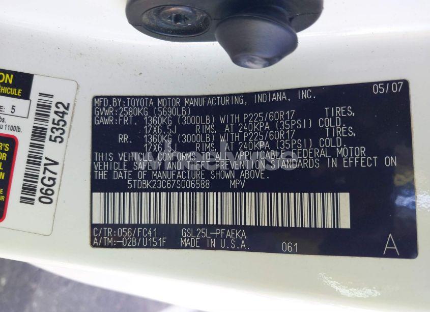 Photo 9 of 2007 Toyota Sienna LE (VIN 5TDBK23C67S006588)