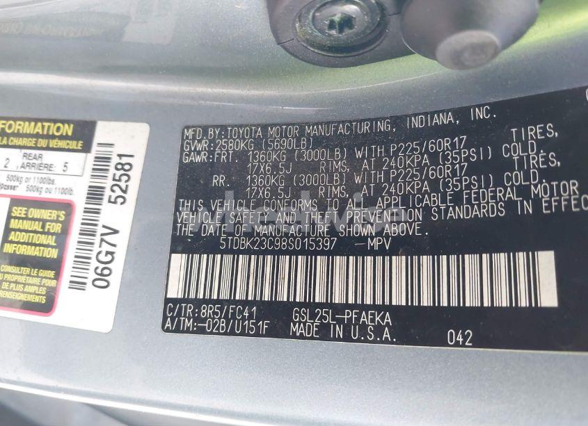 Photo 9 of 2008 Toyota Sienna LE (VIN 5TDBK23C98S015397)