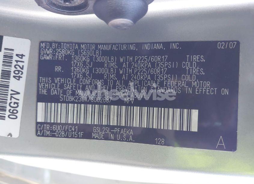 Photo 9 of 2007 Toyota Sienna LE (VIN 5TDBK23CX7S002687)