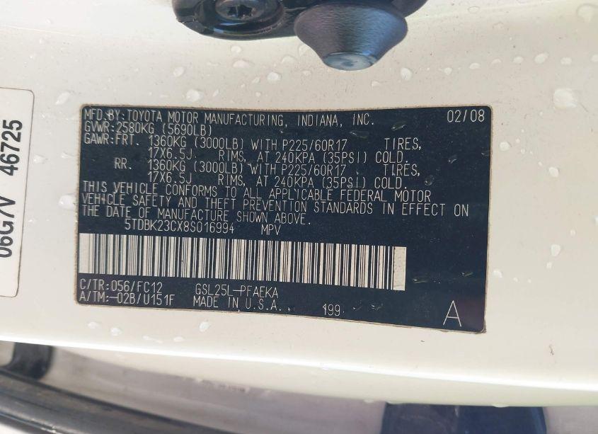 Photo 9 of 2008 Toyota Sienna LE (VIN 5TDBK23CX8S016994)