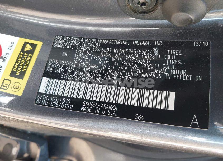 Photo 9 of 2011 Toyota Highlander BASE V6 (VIN 5TDBK3EH0BS057382)