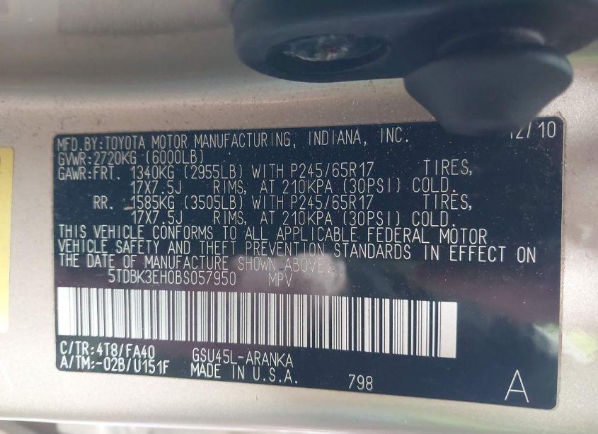 Photo 9 of 2011 Toyota Highlander SE (VIN 5TDBK3EH0BS057950)