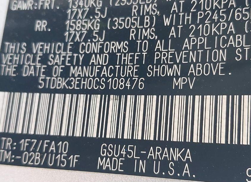 Photo 9 of 2012 Toyota Highlander SE (VIN 5TDBK3EH0CS108476)