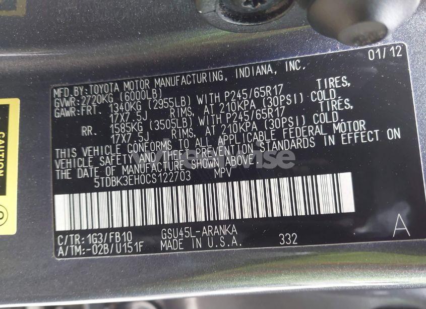 Photo 9 of 2012 Toyota Highlander BASE V6/SE V6 (VIN 5TDBK3EH0CS122703)