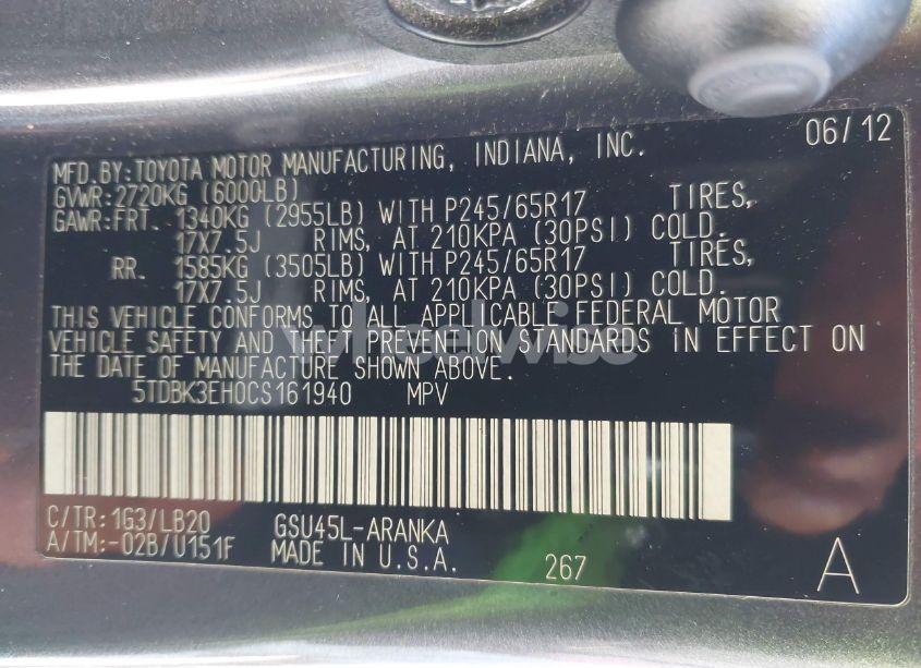 Photo 9 of 2012 Toyota Highlander SE V6 (VIN 5TDBK3EH0CS161940)