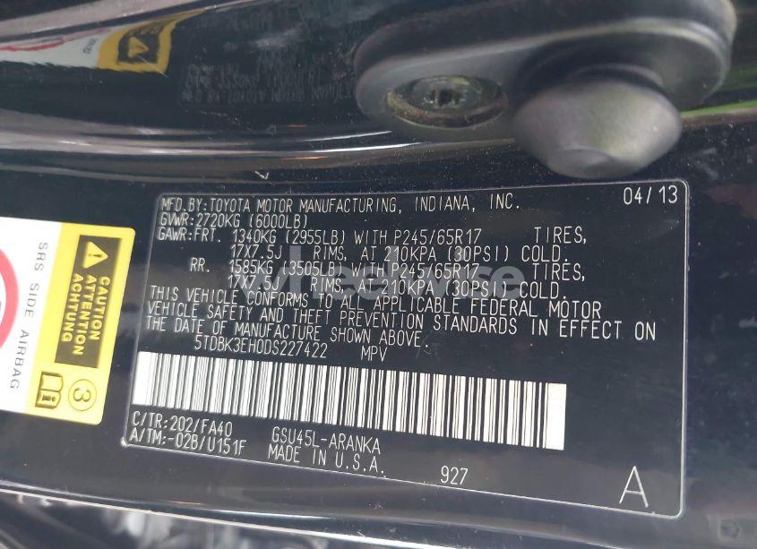 Photo 9 of 2013 Toyota Highlander BASE PLUS V6 (VIN 5TDBK3EH0DS227422)