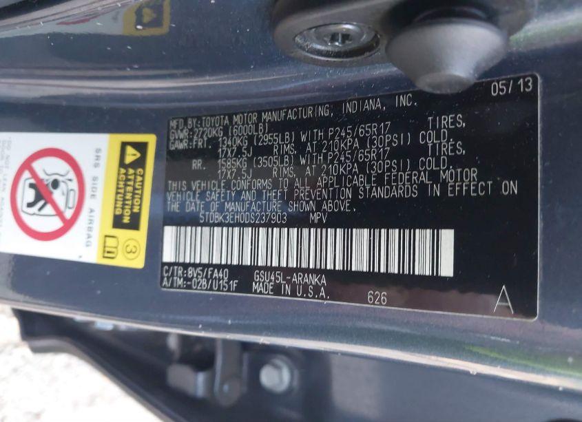 Photo 9 of 2013 Toyota Highlander BASE PLUS V6 (VIN 5TDBK3EH0DS237903)