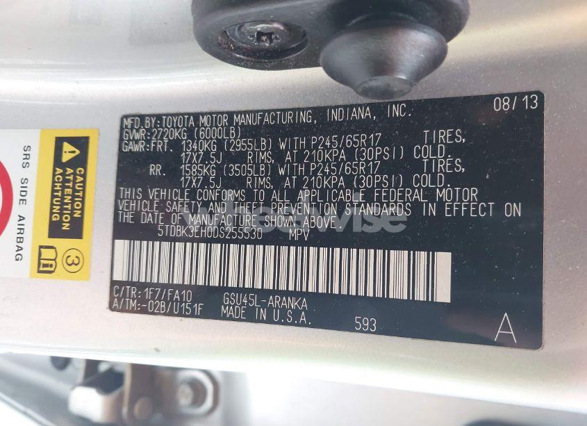 Photo 9 of 2013 Toyota Highlander BASE PLUS V6 (VIN 5TDBK3EH0DS255530)