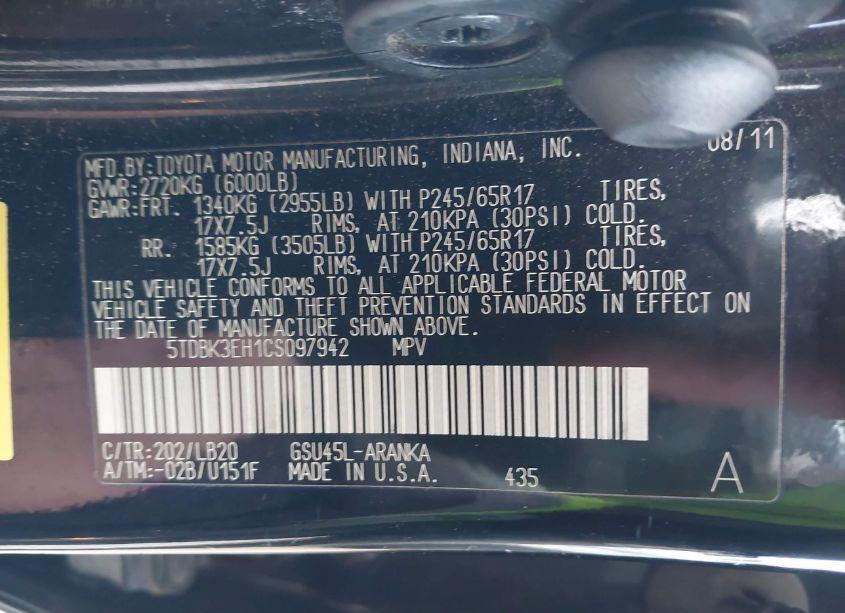 Photo 9 of 2012 Toyota Highlander SE V6 (VIN 5TDBK3EH1CS097942)