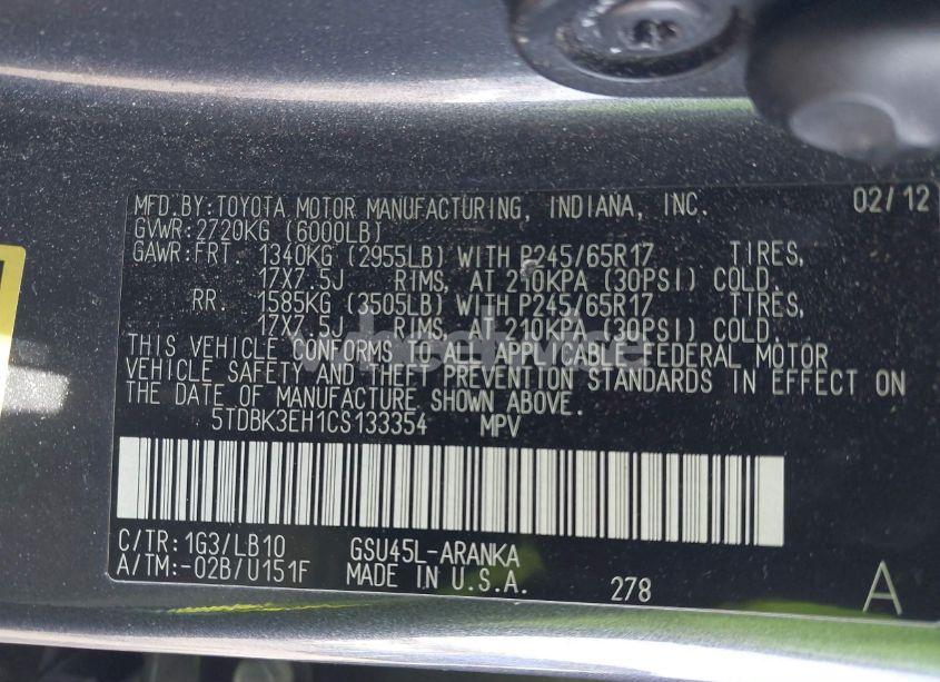 Photo 9 of 2012 Toyota Highlander SE V6 (VIN 5TDBK3EH1CS133354)