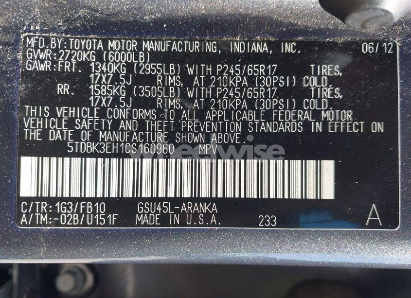 Photo 9 of 2012 Toyota Highlander BASE V6 (VIN 5TDBK3EH1CS160960)