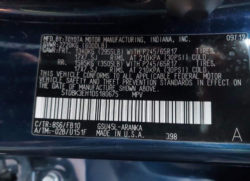 Photo 9 of 2013 Toyota Highlander BASE V6 (VIN 5TDBK3EH1DS180675)