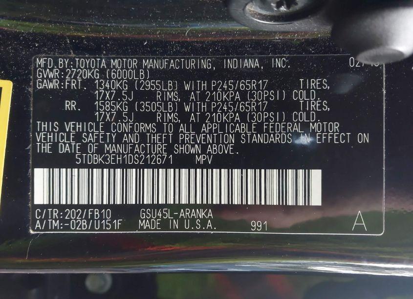 Photo 9 of 2013 Toyota Highlander BASE V6 (VIN 5TDBK3EH1DS212671)